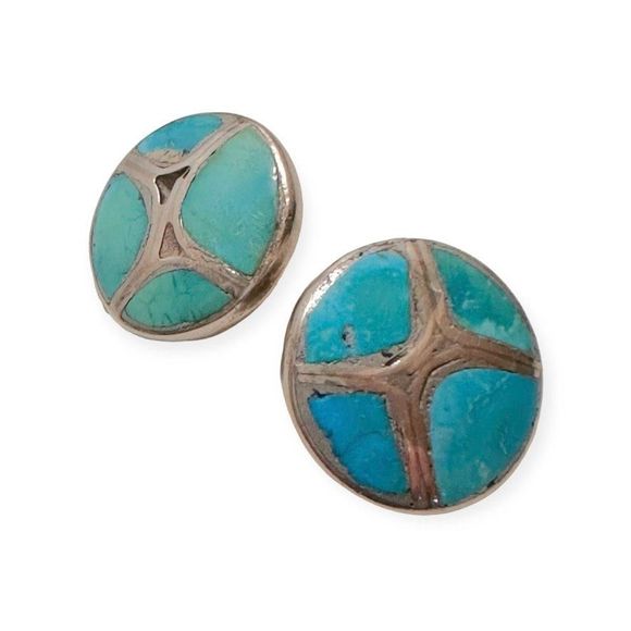 Vintage Zuni Sterling Silver Turquoise Inlay Earrings - Picture 2 of 5